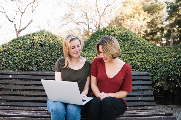 Vrolijke vrouwen die laptop in park doorbladeren