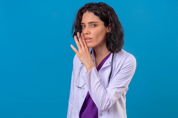 vrouw arts dragen witte jas met een stethoscoop staan met een hand in de buurt van de mond een geheim vertellen op geïsoleerde blauw