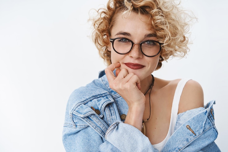 Gratis Foto vrouw blogger in bril en spijkerjasje hand op de wang en kin grijnzend opgetogen, met plan denken.
