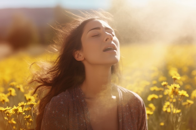 Vrouw die aan allergie lijdt door blootstelling aan bloempollen buiten