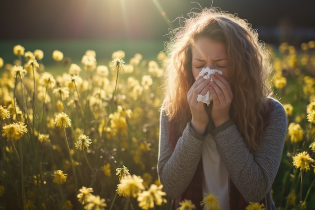 Vrouw die aan allergie lijdt door blootstelling aan bloempollen buiten