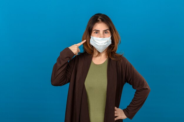 Vrouw die bruin vest in medisch beschermend masker draagt dat aan masker met ernstig gezicht richt dat zich over geïsoleerde blauwe muur bevindt