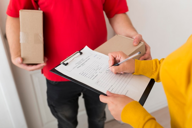 Gratis Foto vrouw die een leveringsdocument ondertekent
