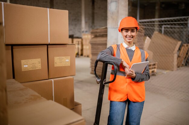 Vrouw die een veiligheidskap draagt op het werk