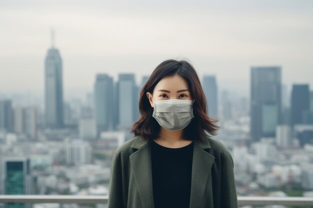 Vrouw die gezichtsmasker draagt voor extreme vervuiling