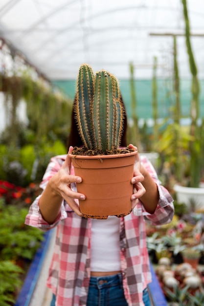 Gratis foto vrouw die hoofd behandelt met cactuspot