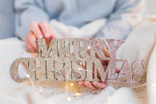 Gratis foto vrouw die houten vrolijke kerstmisinschrijving houdt