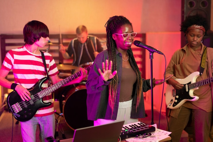 Gratis Foto vrouw die livemuziek uitvoert op een plaatselijk evenement