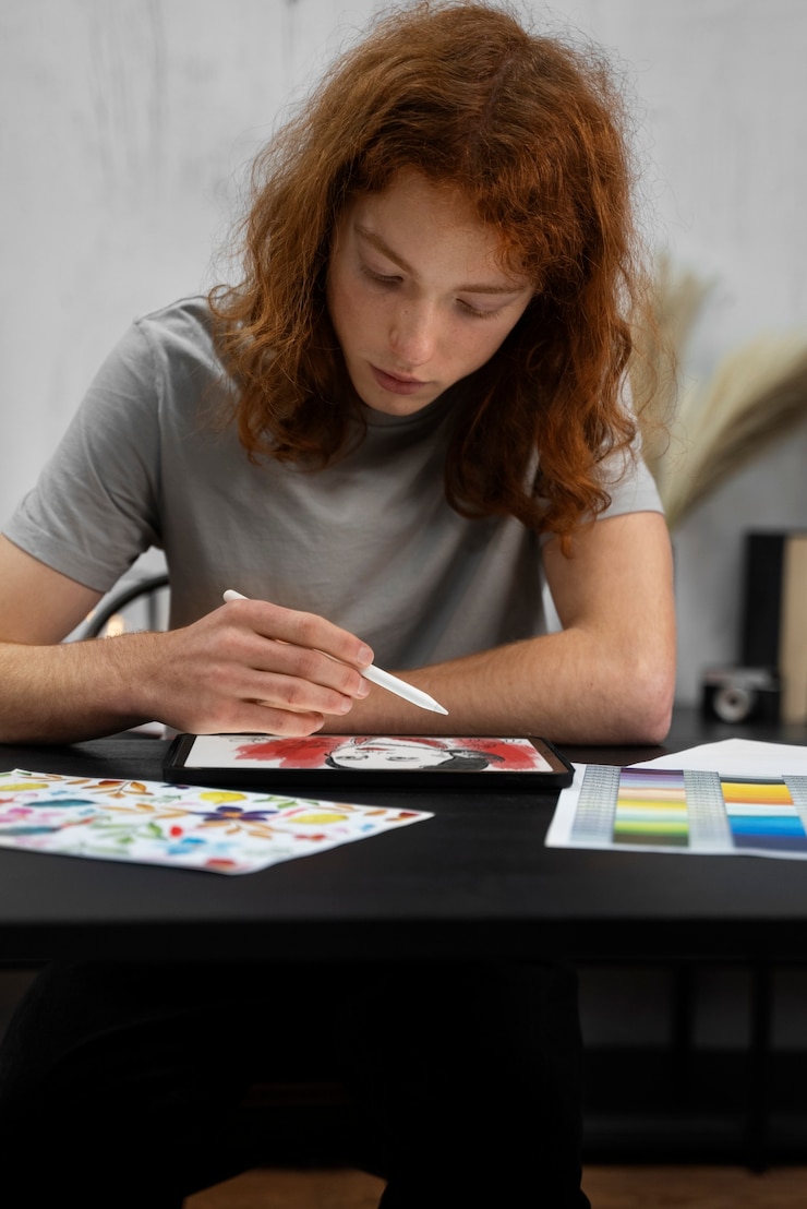 Gratis Foto vrouw die op het vooraanzicht van de ipad trekt