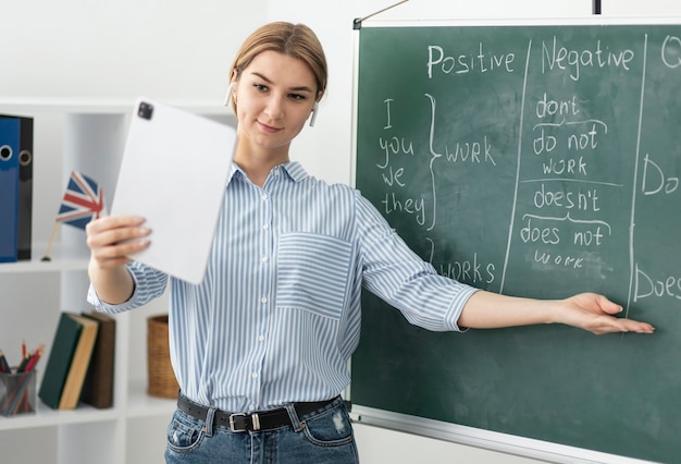 Vrouw die studenten in Engelse klas online onderwijst