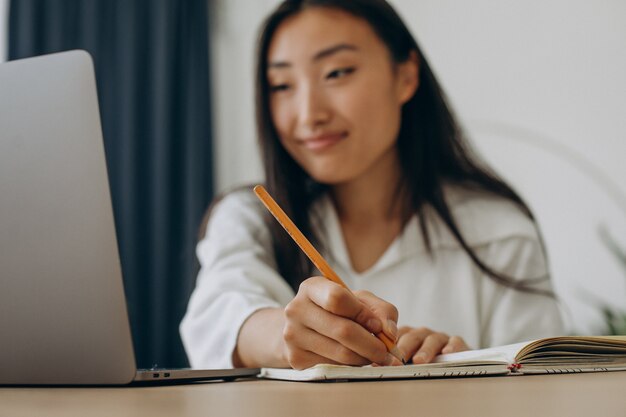 Vrouw die thuis aan de computer aan het bureau werkt