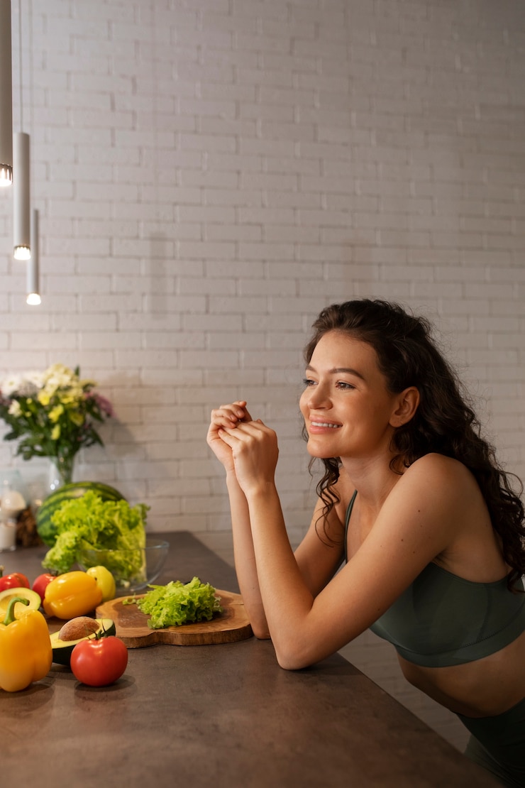 Gratis Foto vrouw digitaal loskoppelen thuis door een gezonde groentesalade te maken