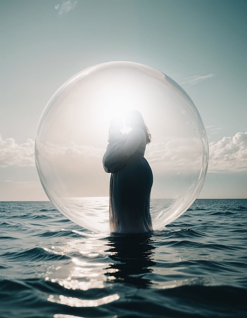 Gratis foto vrouw en kind in een bubbel boven de zee.