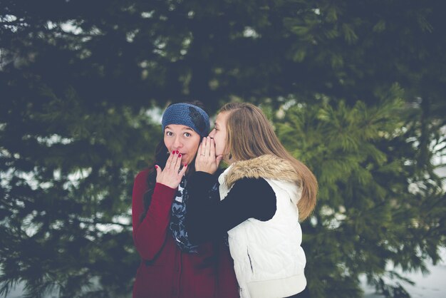 Vrouw fluisteren op het oor van de vrouw terwijl de handen op de lippen