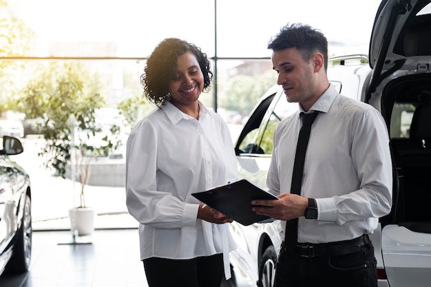 Vrouw geniet van haar financiële onafhankelijkheid terwijl ze een auto koopt