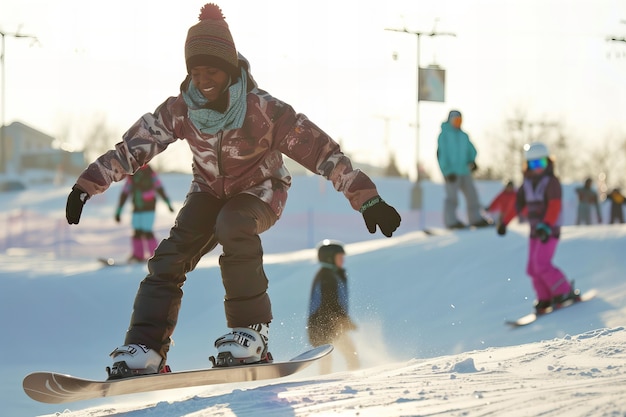 Gratis foto vrouw geniet van snowboarden in een levendige bergomgeving