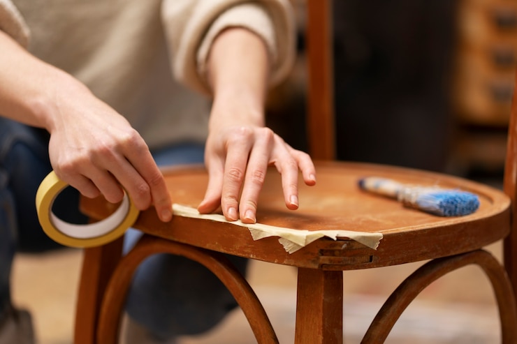 Gratis Foto vrouw herstellen houten stoel vooraanzicht