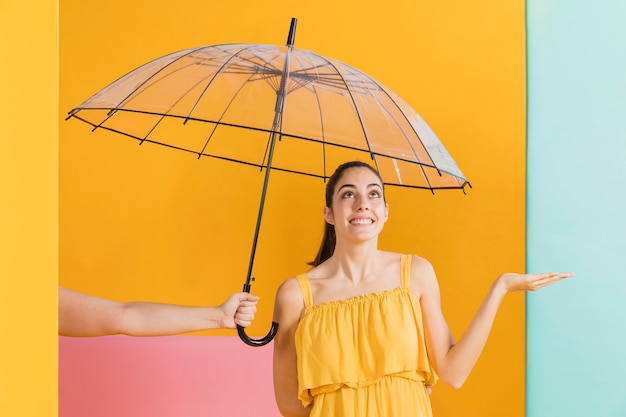 Vrouw in gele jurk met een paraplu