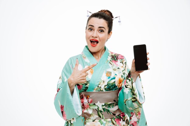 Vrouw in traditionele Japanse kimono met smartphone wijzend met wijsvinger erop glimlachend zelfverzekerd op wit