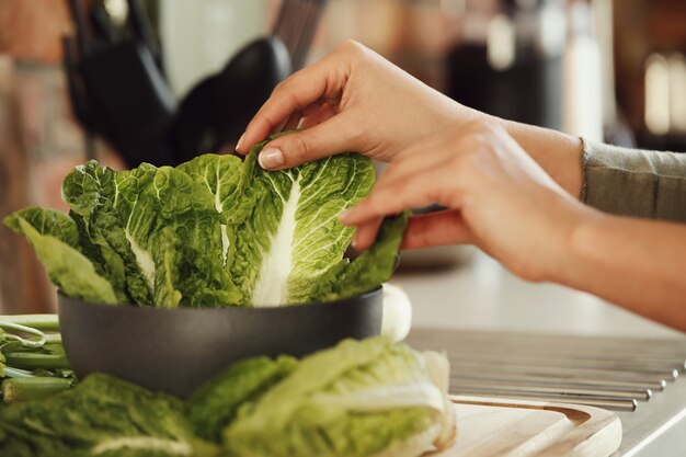 Vrouw koken met sla