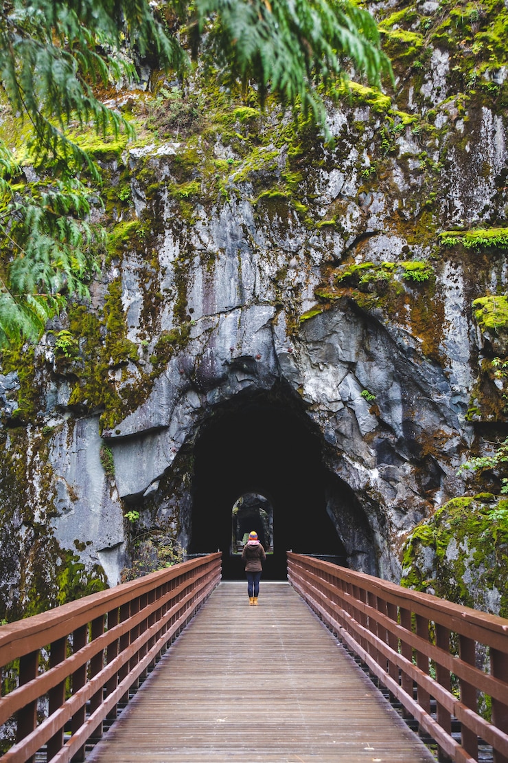 Gratis Foto vrouw loopt in een natuurlijke tunnel door een brug