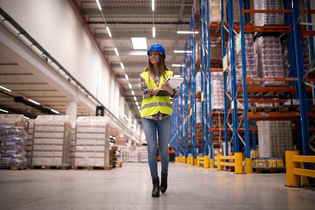 Vrouw magazijnarbeider zelfverzekerd wandelen door groot magazijn opslagcentrum en distributie organiseren