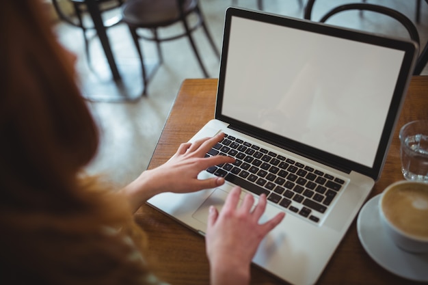 Vrouw met behulp van laptop terwijl het hebben van koffie