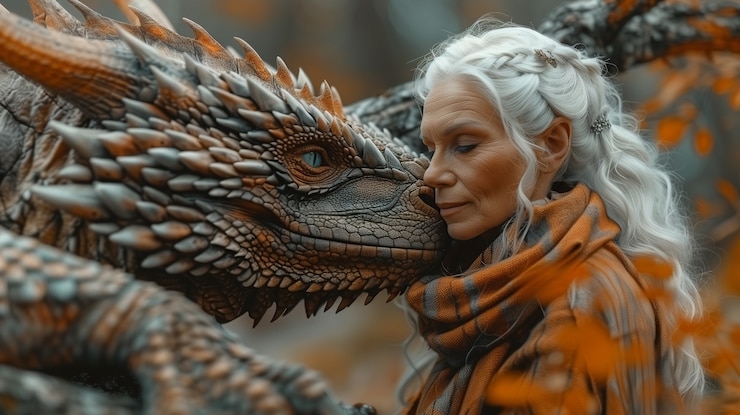Gratis Foto vrouw met draak fantasie scène