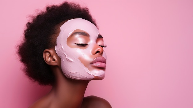 Vrouw met een roze cosmetisch product op haar gezicht