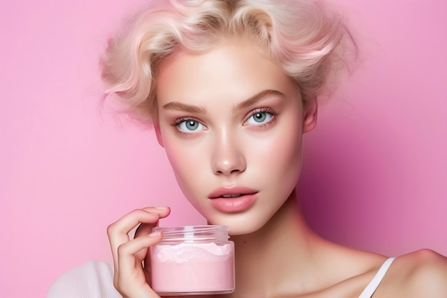 Gratis foto vrouw met een roze cosmetisch product