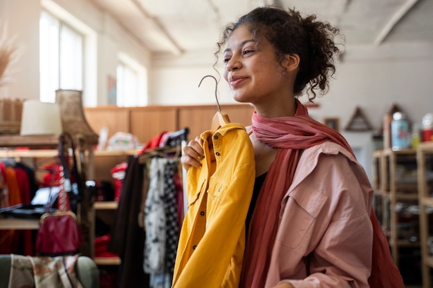 Vrouw met geel shirt medium shot