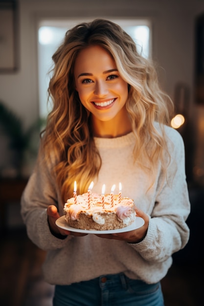 Gratis foto vrouw met heerlijke verjaardagstaart