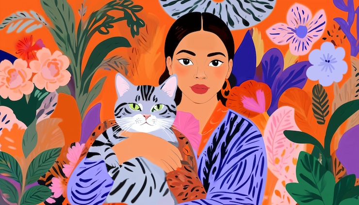 Gratis Foto vrouw met kattenbehang
