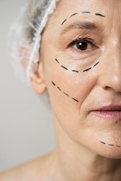 Vrouw met markeringssporen op gezicht close-up