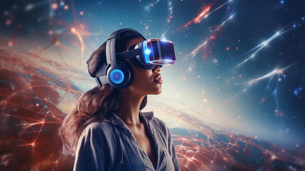 Vrouw met vr-bril die metaverse ervaart