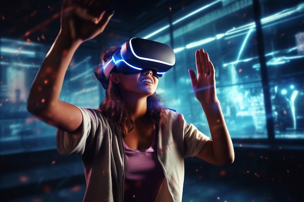 Gratis foto vrouw met vr-bril in futuristische stad