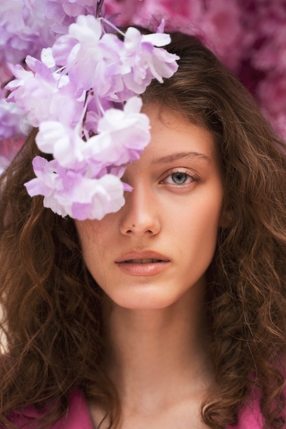 Gratis foto vrouw poseren met bloemen vooraanzicht