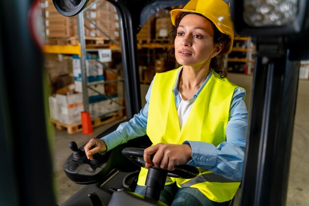 Vrouw rijden magazijn laadmachine