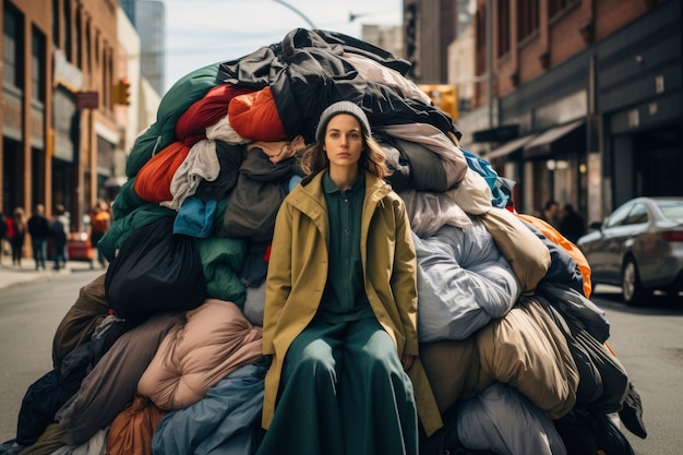 Gratis foto vrouw staat midden op een stapel kleding