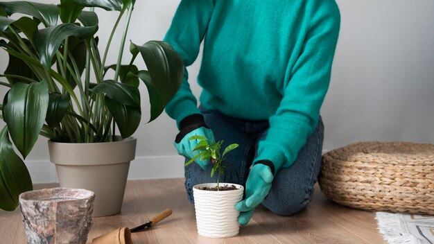Vrouw verandert de potten van haar planten thuis tijdens de quarantaine
