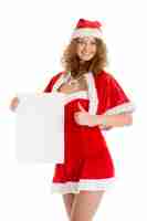 Gratis foto vrouw verkleed als kerstman met poster