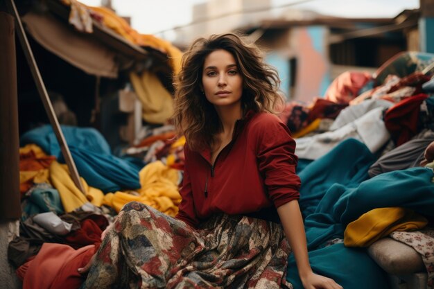 Vrouw voor fast fashion merchandise stapel