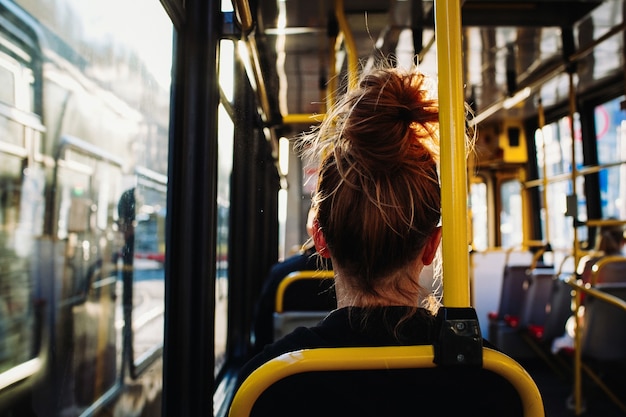 Vrouw zit in de bus, van achteren vastgelegd