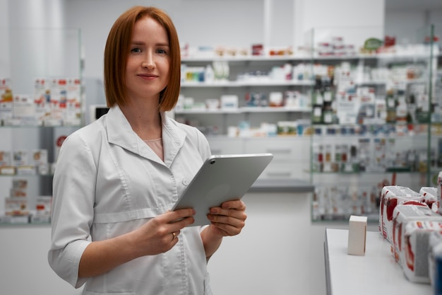 Vrouwelijke apotheker die met tablet in de apotheek werkt