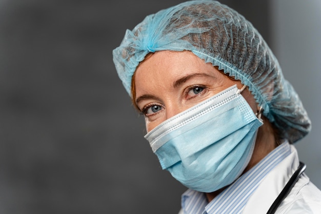 Gratis foto vrouwelijke arts met medisch masker en haarnetje met exemplaarruimte