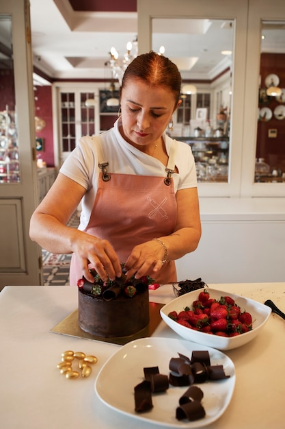 Gratis foto vrouwelijke banketbakker met chocoladetaart in de patisserie