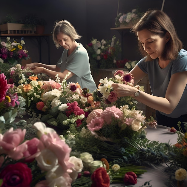 Gratis foto vrouwelijke bloemist maakt een boeket bloemen in een bloemenwinkel