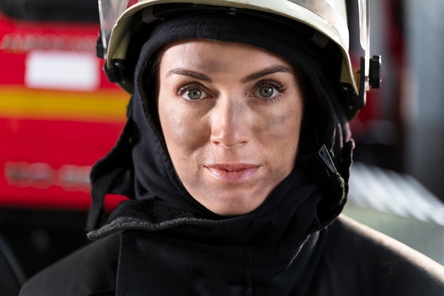 Vrouwelijke brandweerman op het station met pak en veiligheidshelm