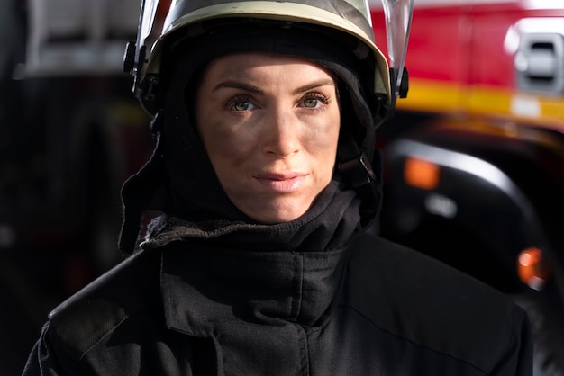 Vrouwelijke brandweerman op het station met pak en veiligheidshelm