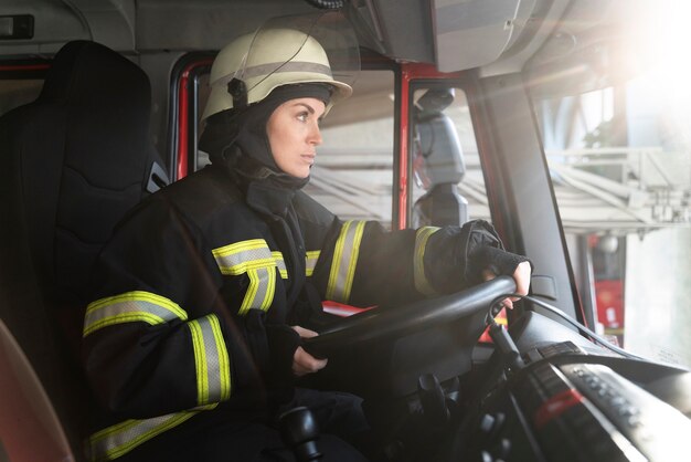 Vrouwelijke brandweerman op station in de brandweerwagen